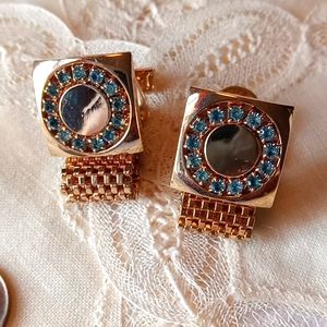 Cufflinks, VTG, Gold Mesh W/ Handset Aquamarine Stones